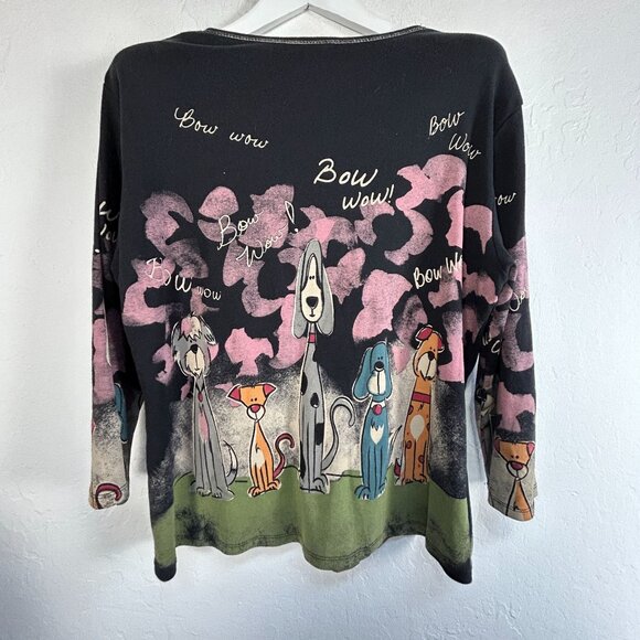 Womens Black "Bow Wow" Dog Print Long Sleeve V-Neck Top Multicolor Casual Basic - Picture 2 of 9